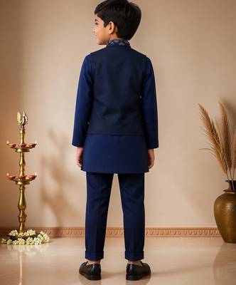 boys navy cotton kurta pyjama set with embroidered sequined waistcoat 2
