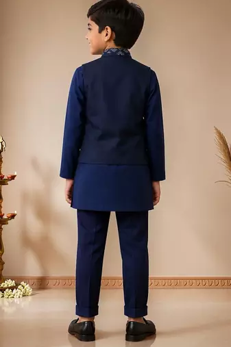 boys navy cotton kurta pyjama set with embroidered sequined waistcoat
