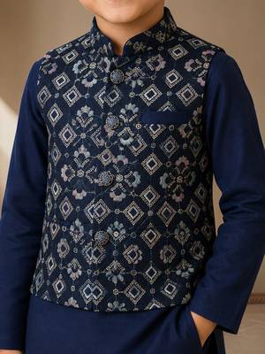 boys navy cotton kurta pyjama set with embroidered sequined waistcoat 3
