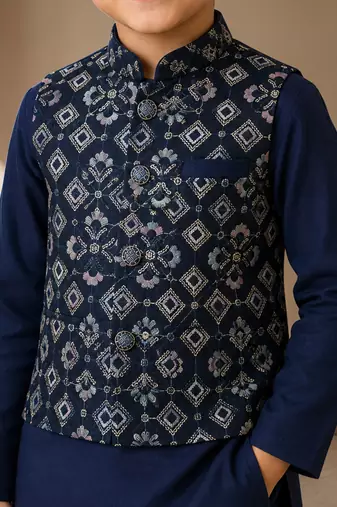 boys navy cotton kurta pyjama set with embroidered sequined waistcoat