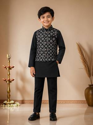 boys black cotton kurta pyjama set with embroidered sequined waistcoat 1