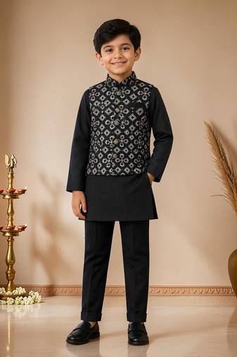 boys black cotton kurta pyjama set with embroidered sequined waistcoat