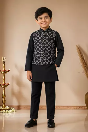boys black cotton kurta pyjama set with embroidered sequined waistcoat