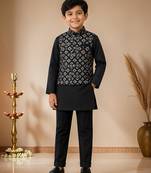 boys black cotton kurta pyjama set with embroidered sequined waistcoat