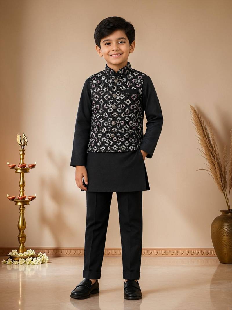 boys black cotton kurta pyjama set with embroidered sequined waistcoat