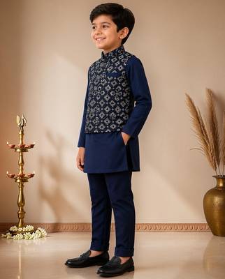 boys navy cotton kurta pyjama set with embroidered sequined waistcoat 4