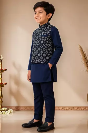 boys navy cotton kurta pyjama set with embroidered sequined waistcoat