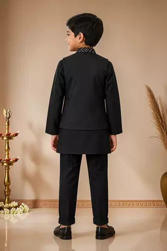 boys black cotton kurta pyjama set with embroidered sequined waistcoat