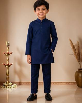 boys navy cotton kurta pyjama set with embroidered sequined waistcoat 5