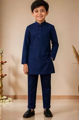 boys navy cotton kurta pyjama set with embroidered sequined waistcoat