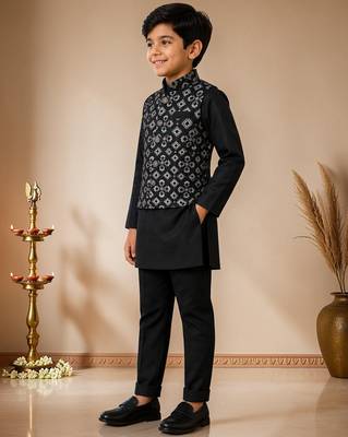 boys black cotton kurta pyjama set with embroidered sequined waistcoat 3