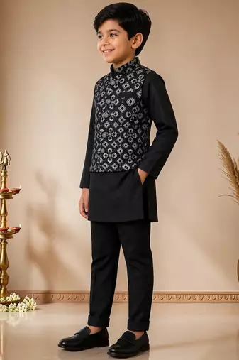 boys black cotton kurta pyjama set with embroidered sequined waistcoat