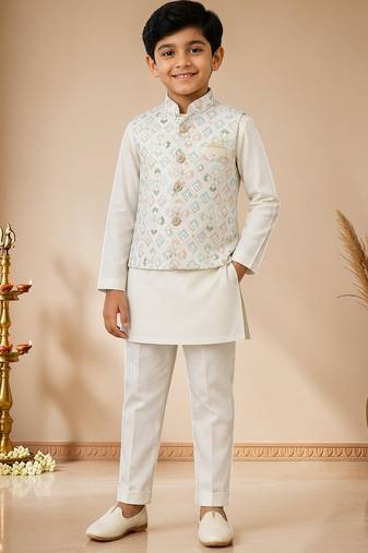 boys white cotton kurta pyjama set with embroidered sequined waistcoat