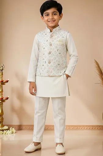 boys white cotton kurta pyjama set with embroidered sequined waistcoat