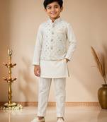 boys white cotton kurta pyjama set with embroidered sequined waistcoat