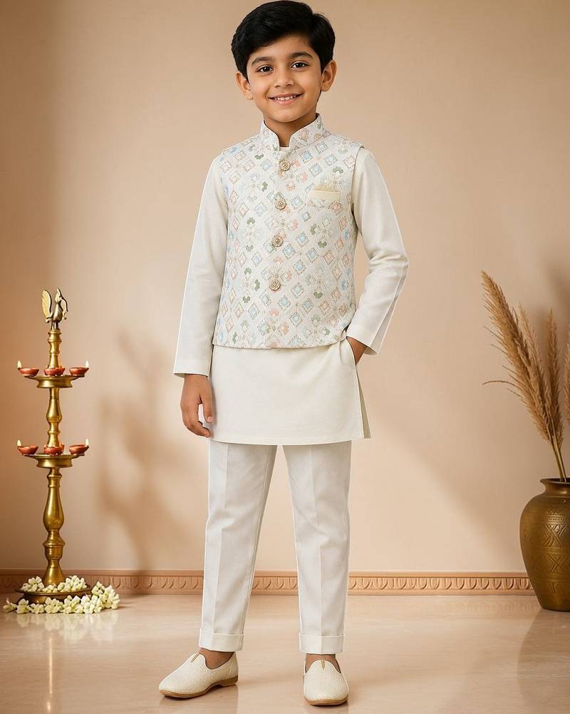 boys white cotton kurta pyjama set with embroidered sequined waistcoat