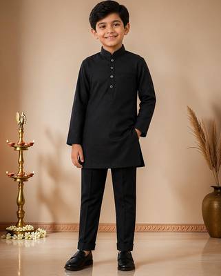 boys black cotton kurta pyjama set with embroidered sequined waistcoat 4