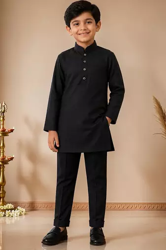 boys black cotton kurta pyjama set with embroidered sequined waistcoat