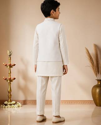 boys white cotton kurta pyjama set with embroidered sequined waistcoat 2