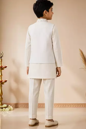 boys white cotton kurta pyjama set with embroidered sequined waistcoat