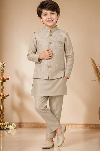 boys khaki satin kurta pyjama set with embroidered sequined waistcoat