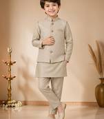 boys khaki satin kurta pyjama set with embroidered sequined waistcoat
