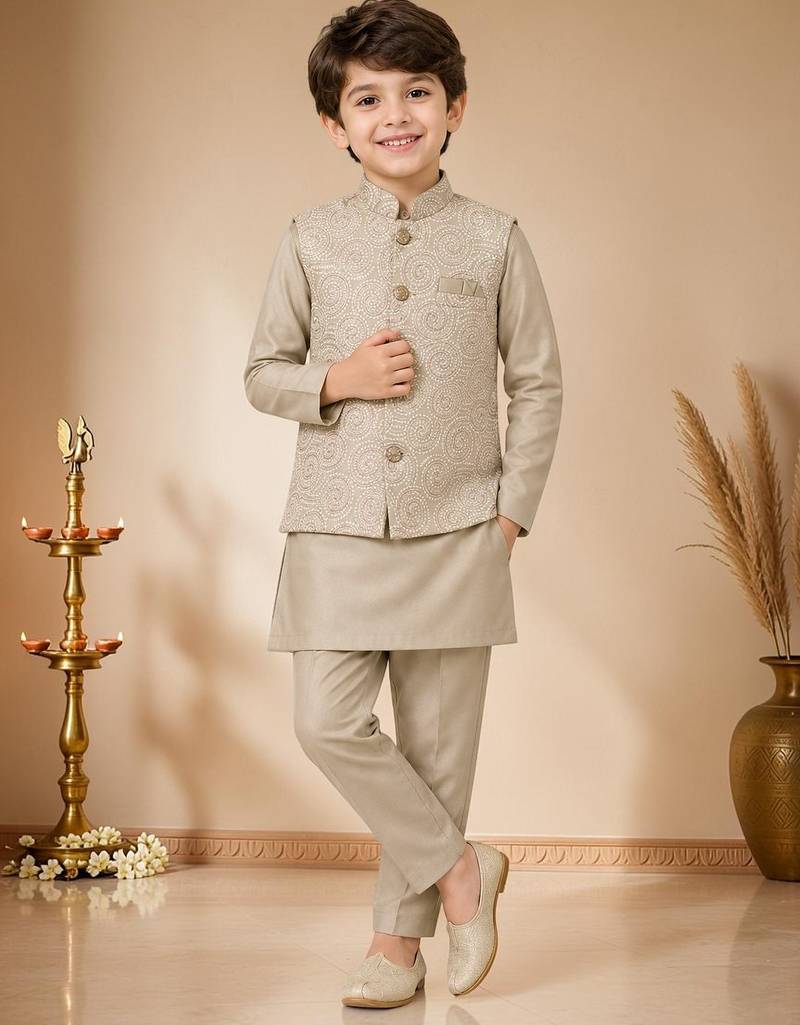 boys khaki satin kurta pyjama set with embroidered sequined waistcoat