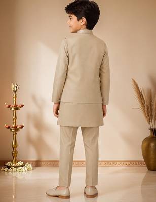 boys khaki satin kurta pyjama set with embroidered sequined waistcoat 2