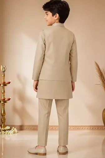 boys khaki satin kurta pyjama set with embroidered sequined waistcoat
