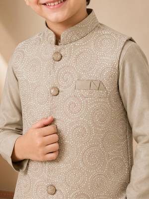 boys khaki satin kurta pyjama set with embroidered sequined waistcoat 3