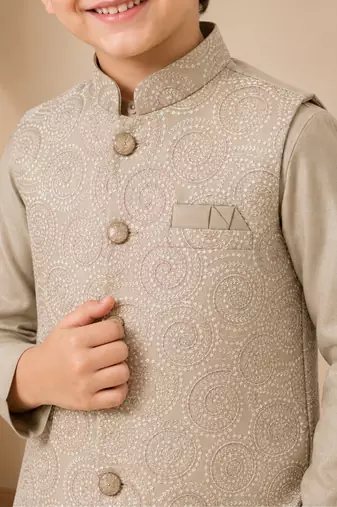 boys khaki satin kurta pyjama set with embroidered sequined waistcoat