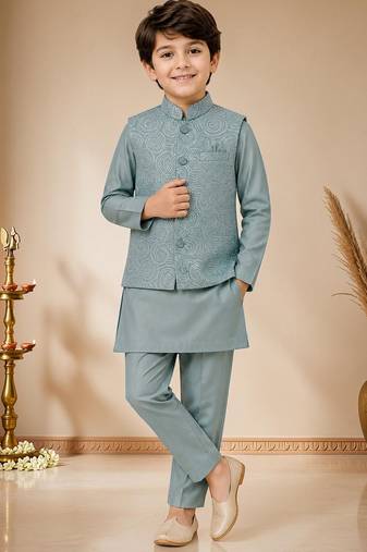 boys teal blue satin kurta pyjama set with embroidered sequined waistcoat