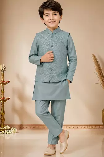 boys teal blue satin kurta pyjama set with embroidered sequined waistcoat