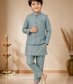 boys teal blue satin kurta pyjama set with embroidered sequined waistcoat
