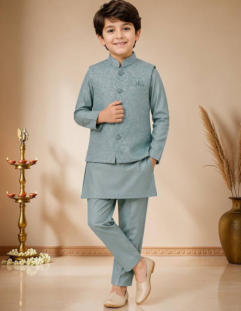 boys teal blue satin kurta pyjama set with embroidered sequined waistcoat
