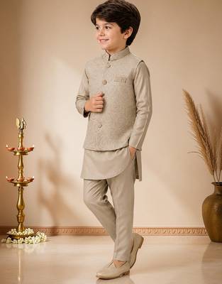boys khaki satin kurta pyjama set with embroidered sequined waistcoat 4