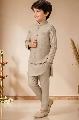 boys khaki satin kurta pyjama set with embroidered sequined waistcoat