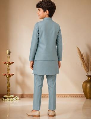 boys teal blue satin kurta pyjama set with embroidered sequined waistcoat 2