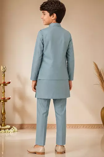boys teal blue satin kurta pyjama set with embroidered sequined waistcoat