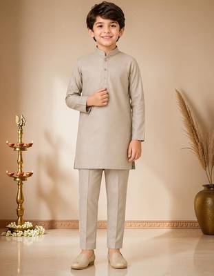 boys khaki satin kurta pyjama set with embroidered sequined waistcoat 5