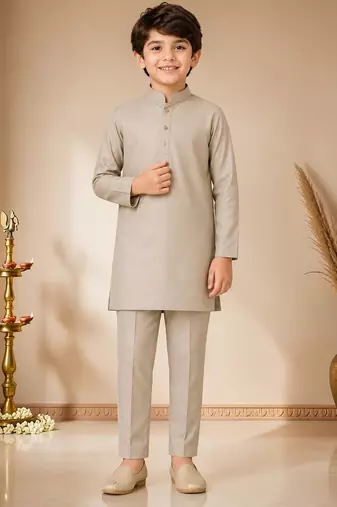 boys khaki satin kurta pyjama set with embroidered sequined waistcoat