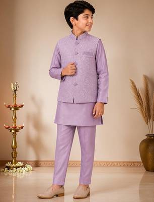 boys mauve satin kurta pyjama set with embroidered sequined waistcoat 1