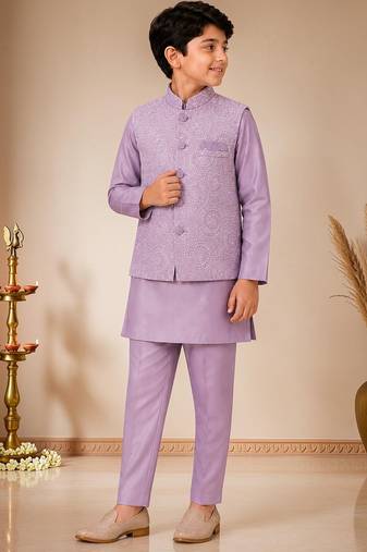 boys mauve satin kurta pyjama set with embroidered sequined waistcoat