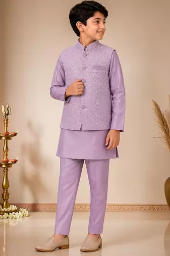 boys mauve satin kurta pyjama set with embroidered sequined waistcoat