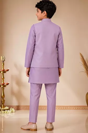 boys mauve satin kurta pyjama set with embroidered sequined waistcoat