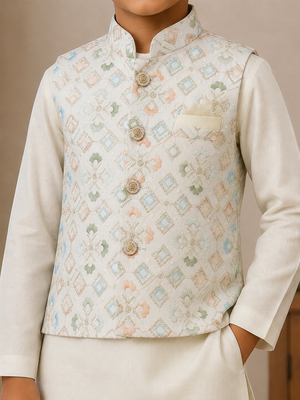 boys white cotton kurta pyjama set with embroidered sequined waistcoat 3