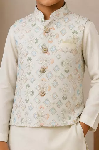boys white cotton kurta pyjama set with embroidered sequined waistcoat