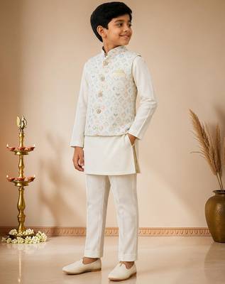 boys white cotton kurta pyjama set with embroidered sequined waistcoat 4