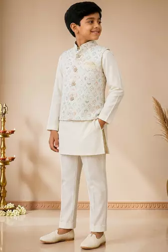 boys white cotton kurta pyjama set with embroidered sequined waistcoat