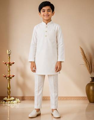 boys white cotton kurta pyjama set with embroidered sequined waistcoat 5